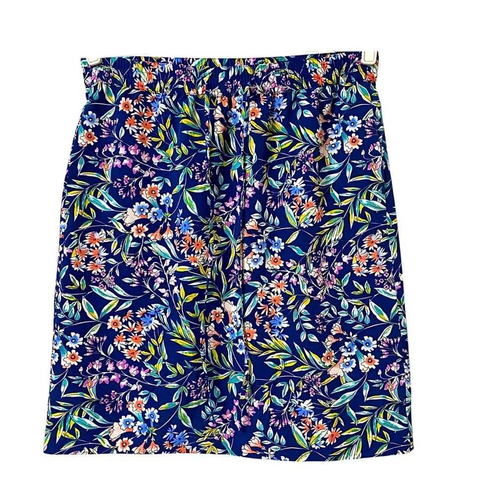 Talbots summer navy blue colorful floral preppy stretchy waist band skirt size 8 - Picture 1 of 8